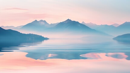 A serene scene of a calm lake reflecting a misty mountain range.