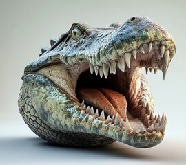 Obraz premium Realistic 3D Render of a Fierce Crocodile Head with Open Mouth Displaying Sharp Teeth and Detailed Scales in a Studio Light Setting