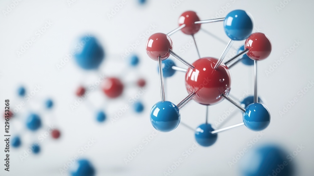 Poster molecular structure in three-dimensional rendering with blue and red atoms showing chemical bonds.