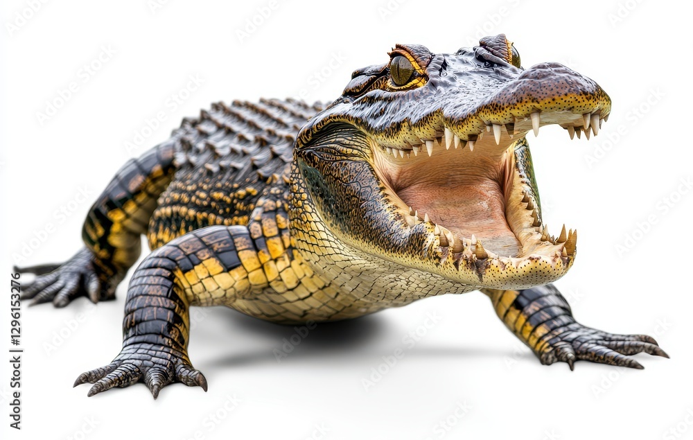 Poster realistic alligator close-up with mouth open displaying sharp teeth and textured skin, isolated on w