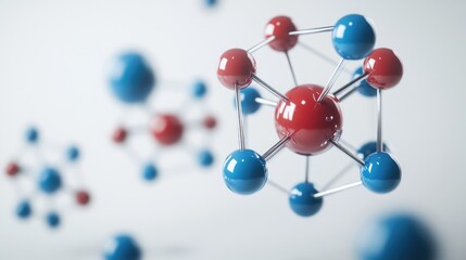 Obraz premium Molecular structure in three-dimensional rendering with blue and red atoms showing chemical bonds.