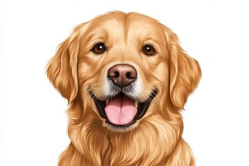 Obraz premium A realistic, happy Golden Retriever with its tongue out, isolated on a white background. Photo-realistic illustration style, blank template for easy text shading on the bottom of its head