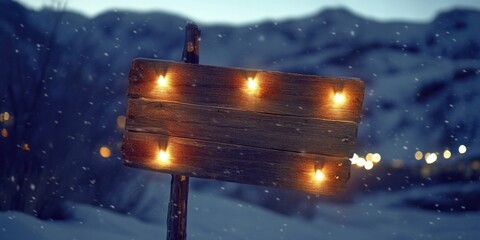 Wooden sign illuminated by candles to indicate the direction of a trail in winter. The scene is set against a mountainous backdrop with snowy conditions.