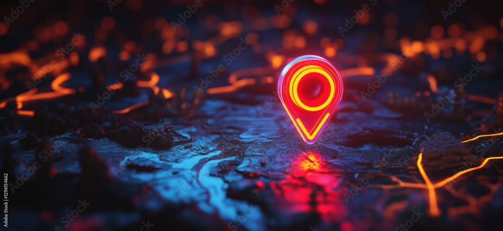Poster glowing red location pin on dark textured surface with glowing lines and patterns, copy space for te