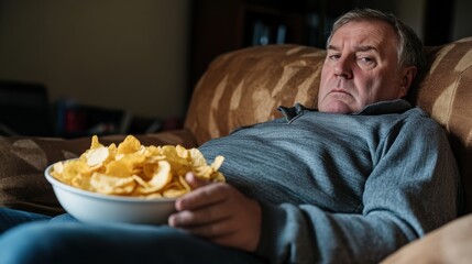 A middle-aged man, his form softened by the passage of time, sank into a plush sofa, a bowl of greasy chips in his hand, the remnants of a junk-food feast a testament to an unhealthy lifestyle. A