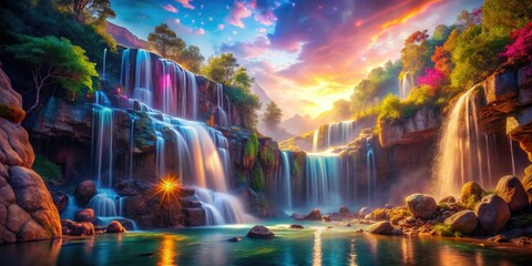 Fototapeta premium Dreamlike cliffside, ethereal waterfall cascading into a mystical, surreal rock landscape.
