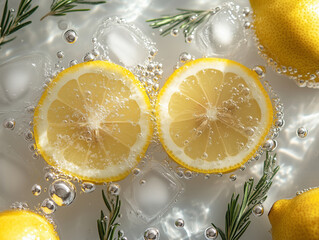 Fresh lemon slices with ice cubes and bubbles water create refreshing scene. vibrant yellow of lemons contrasts beautifully with clear ice and green rosemary, evoking sense of coolness and zest