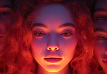 Fototapeta premium Two Individuals with Curly Hair in Warm Red Lighting