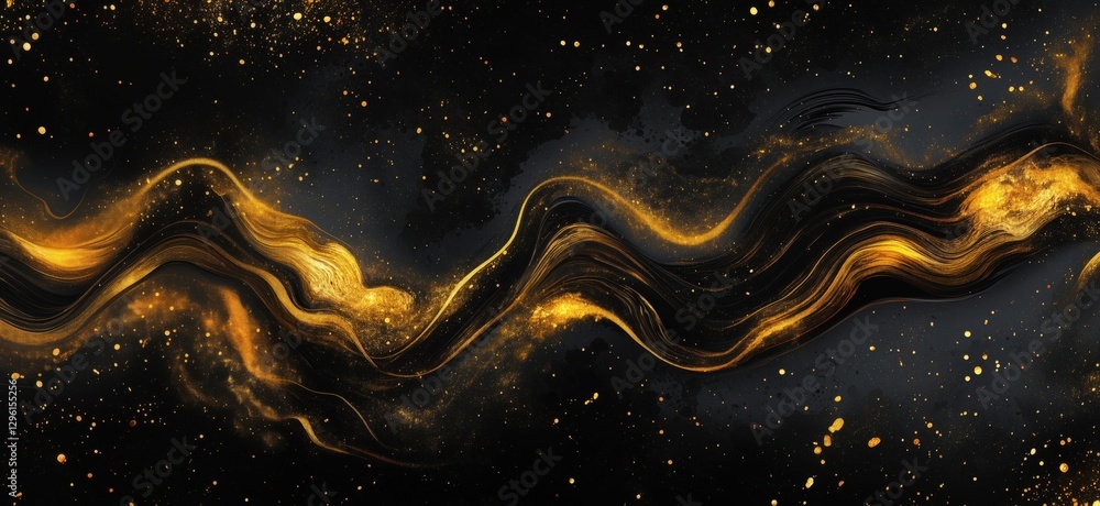 Poster abstract black and gold wave pattern with glittering textures and artistic swirls, copy space for te