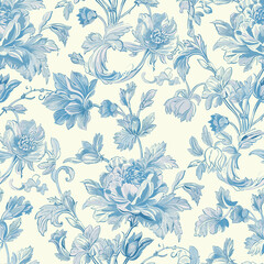 Toile de jouy Floral Blue Toile Chinoiseries Peonies Flowers Print Design Seamless Pattern 34