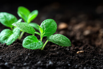 Naklejka premium Fresh green seedlings emerging from dark soil, symbolizing growth and renewal. vibrant leaves glisten with moisture, showcasing beauty of nature cycle
