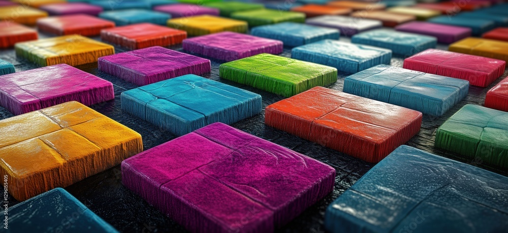 Poster colorful textured tiles arranged in a vibrant pattern on a dark surface, copy space for text