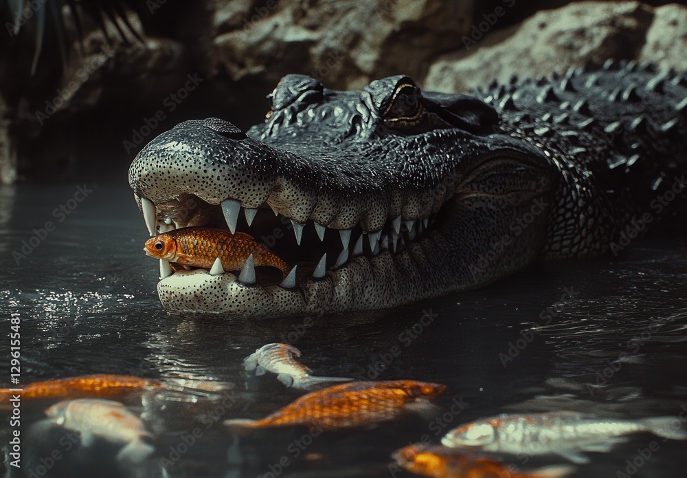 Poster realistic alligator with open mouth displaying sharp teeth while holding a goldfish surrounded by co