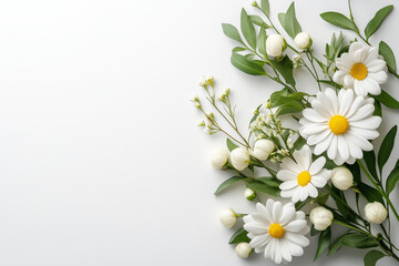 Fototapeta premium Fresh white daisies and green leaves arranged beautifully on light background, creating serene and calming atmosphere. Perfect for floral designs and nature themes