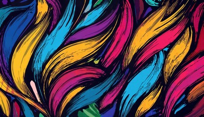 vibrant abstract brushstroke pattern with colorful flowing curves in yellow, blue, pink, and purple on a dark background


