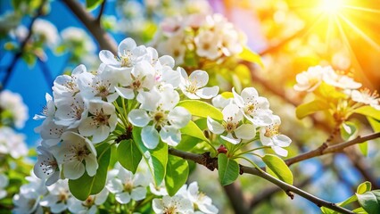 Fototapeta premium Blooming Pear Tree Closeup, Spring Blossom, Sunny Orchard, White Flowers, Nature Photography