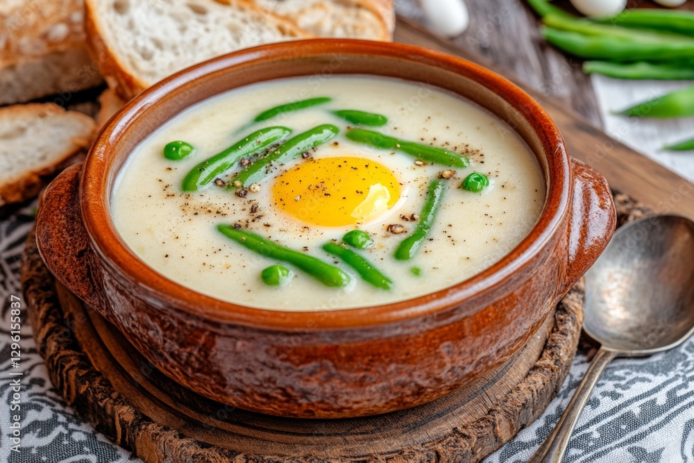 Poster a rustic bowl of trappist soup, brimming with green beans and egg yolk in an earthenware pot set on 