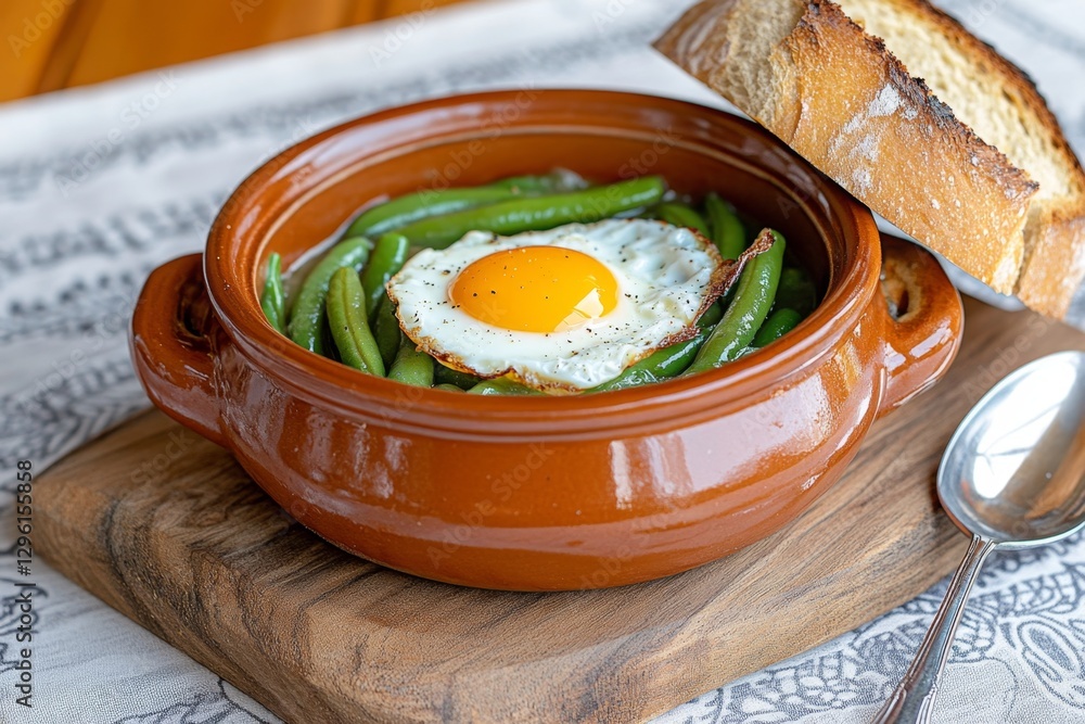 Poster a rustic bowl of trappist soup, brimming with green beans and egg yolk in an earthenware pot set on 