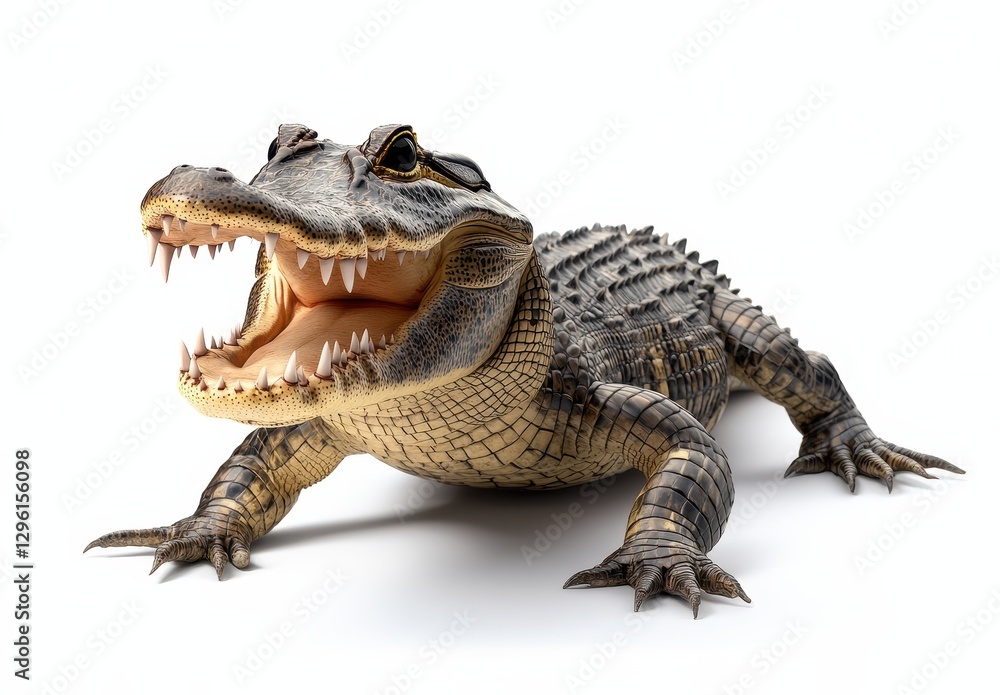 Poster realistic and detailed close-up of a crocodile smiling with exposed teeth and sharp fangs on a white