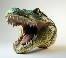 Fototapeta premium Realistic and Detailed Crocodile Head Sculpture Featuring Open Mouth and Impressive Textures in a Light Studio Background