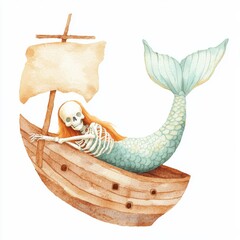 Fototapeta premium Watercolor skeleton mermaid sailing on a ship fantasy art ocean creative whimsical concept, isolated on white background