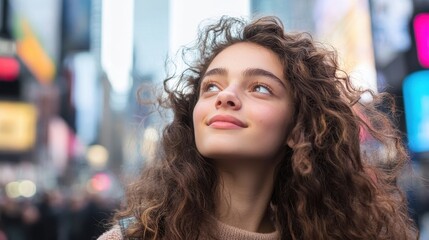 Fototapeta premium A young woman with cascading curly brown hair, a beacon of urban charm, navigated the bustling streets of a concrete jungle, her expression a mix of determination and quiet joy.