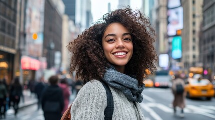 A young woman with cascading curly brown hair, a beacon of urban charm, navigated the bustling streets of a concrete jungle, her expression a mix of determination and quiet joy.