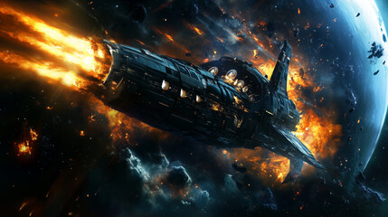 High-speed spacecraft escaping Earths atmosphere amid cosmic explosion and debris