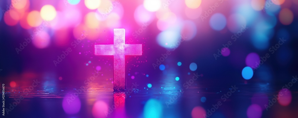 Poster illuminated cross with colorful bokeh background for spiritual and religious themes, copy space for 
