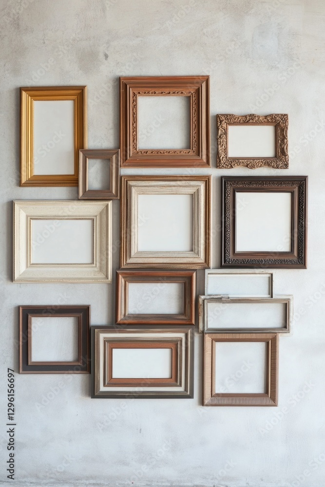 Poster a collection of empty picture frames in various sizes and shapes on a display wall, creating a uniqu