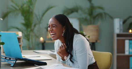 Happy business woman, laptop and video call in office, applause and celebration for achievement at...