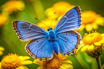 Fototapeta premium Blue Butterfly on Yellow Flower - Vibrant Spring Macro Photography