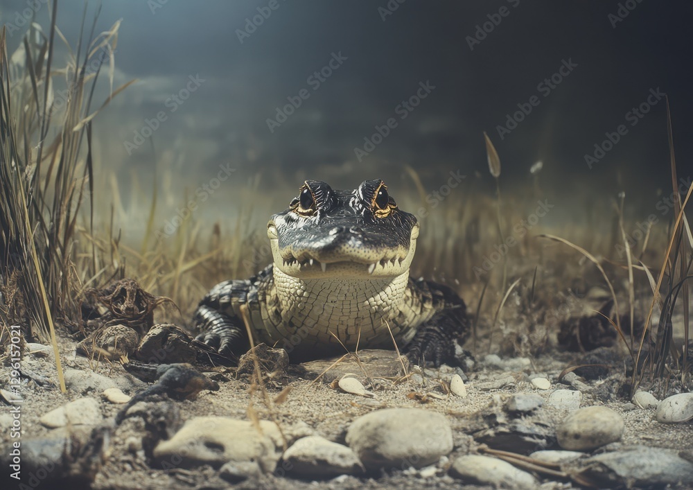 Poster realistic and detailed representation of a unique creature with features of a crocodile and a frog i