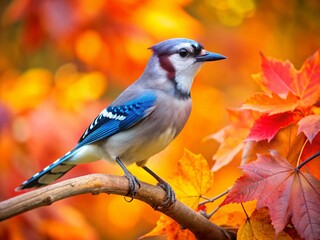 Blue Jay in Autumnal Foliage: A Documentary Photography Style Image