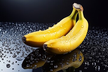 bananas with water drops on black background, generated AI