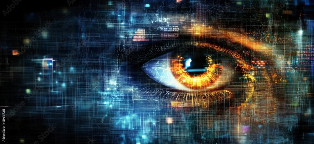 Fototapete futuristic digital eye with glowing iris and abstract technology background, copy space for text