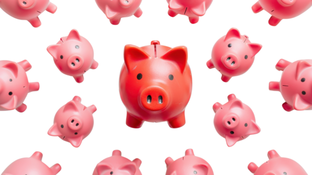 Red piggy bank standing out from pink piggy banks on transparent background
