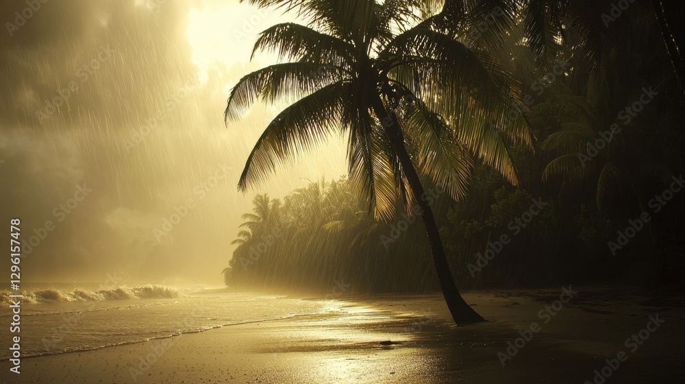 Poster a palm tree is standing on a beach with the ocean in the background