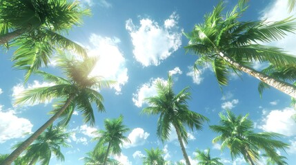 Fototapeta premium A tropical scene with palm trees and a clear blue sky