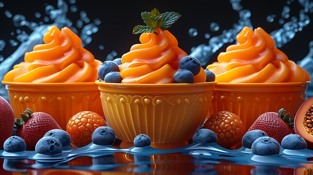 A selection of fruit sorbets arranged in a row with fresh fruits and a bright background