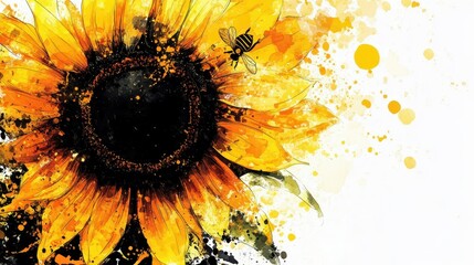 Intricate sunflower illustration with bees, stained glass watercolor fusion, bright yellow and black contrast, pure white backdrop, 8K 