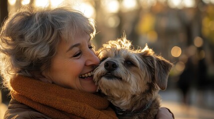 In a vibrant Madrid park, bathed in the golden light of a sunny day, a beautiful woman bursts into laughter as her beloved pet, a scruffy dog with soulful eyes, licks her face adoringly. The dog