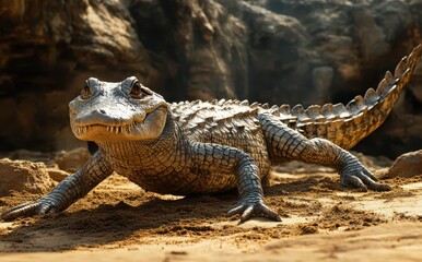 Obraz premium Realistic close-up of a crocodile resting on sandy terrain in natural habitat highlighting unique textures and details of skin and environment