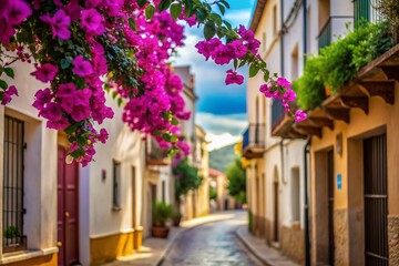 Obraz premium Blurred Archena Street Scene, Balneario de Archena, Spain - Bougainvillea Branch