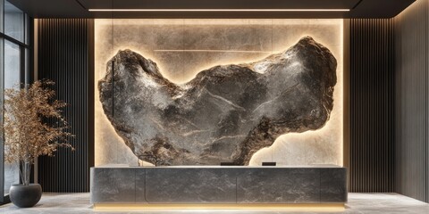 Modern hotel reception with illuminated stone wall art.