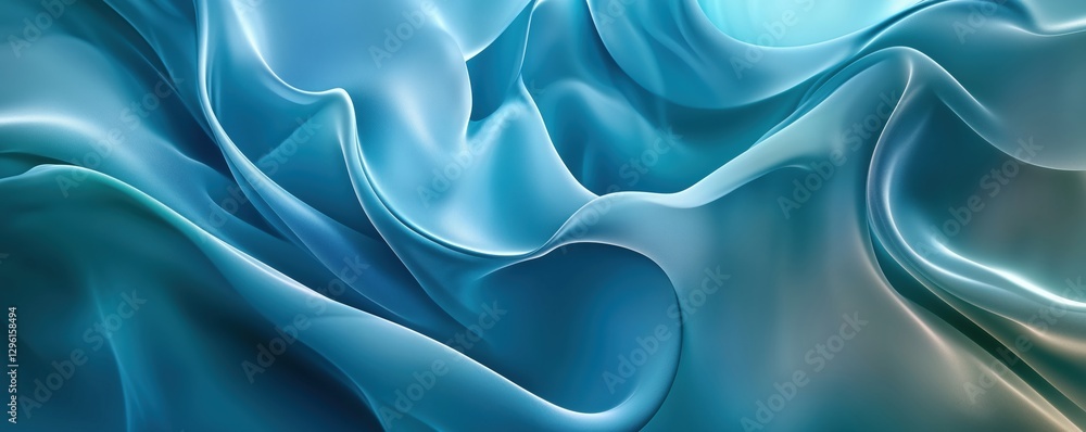Poster flowing blue fabric texture with soft waves and gradients for design backgrounds, copy space for tex