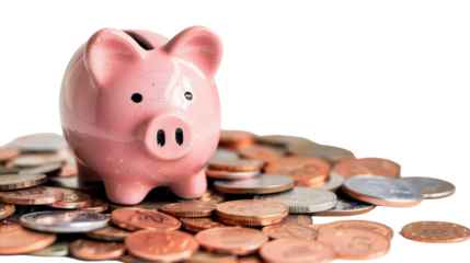 Piggy bank standing on pile of coins with transparent background
