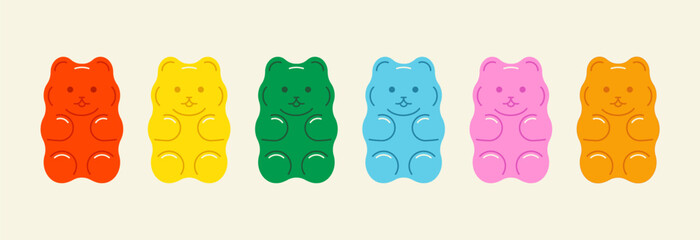 Gummy bear set. Sweet teddy bears kids jelly candy, cute colorful sugar chewing dessert, delicious fruit flavors gelatin snacks bear toy shape. Vector cartoon collection