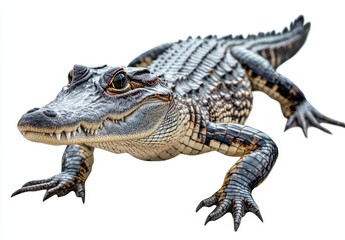 Fototapeta premium Realistic Close-Up of a Detailed Alligator or Crocodile with Textured Skin on a White Background for Wildlife and Nature Enthusiasts