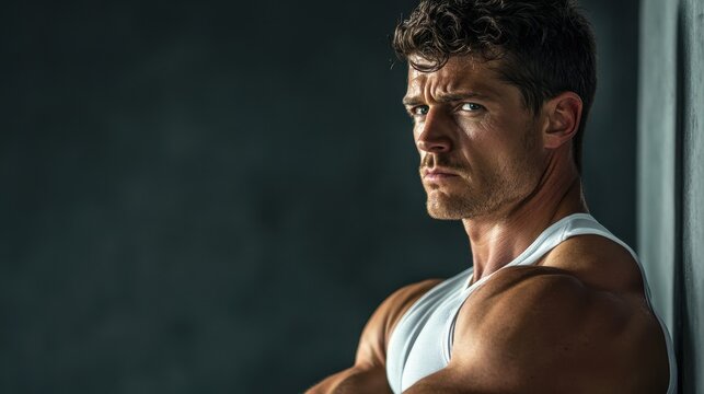 A muscular man in athletic attire, his brow furrowed in concentration, engaged in a vigorous exercise session against a stark grey wall, his body a testament to dedication and strength.